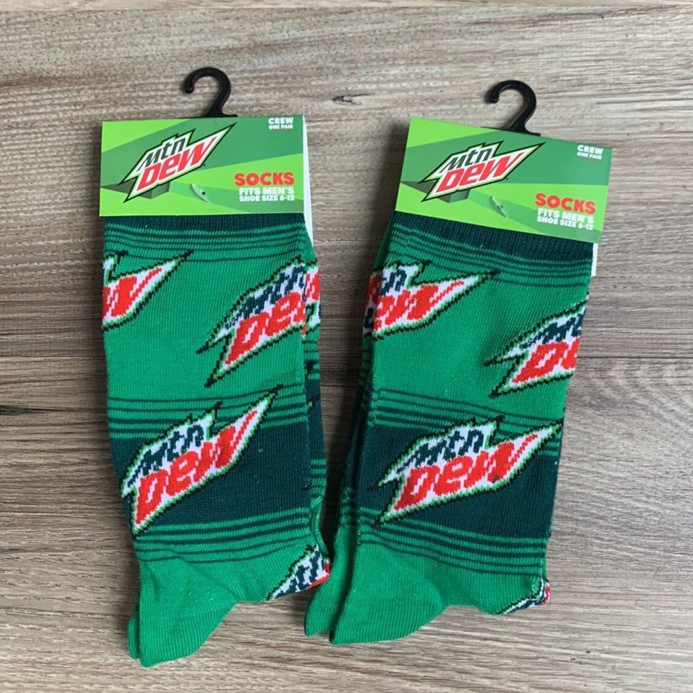 2 Pair Mtn Dew Crew Socks Mens 6-12 Fun Novelty Unisex Sock New Mountain Dew